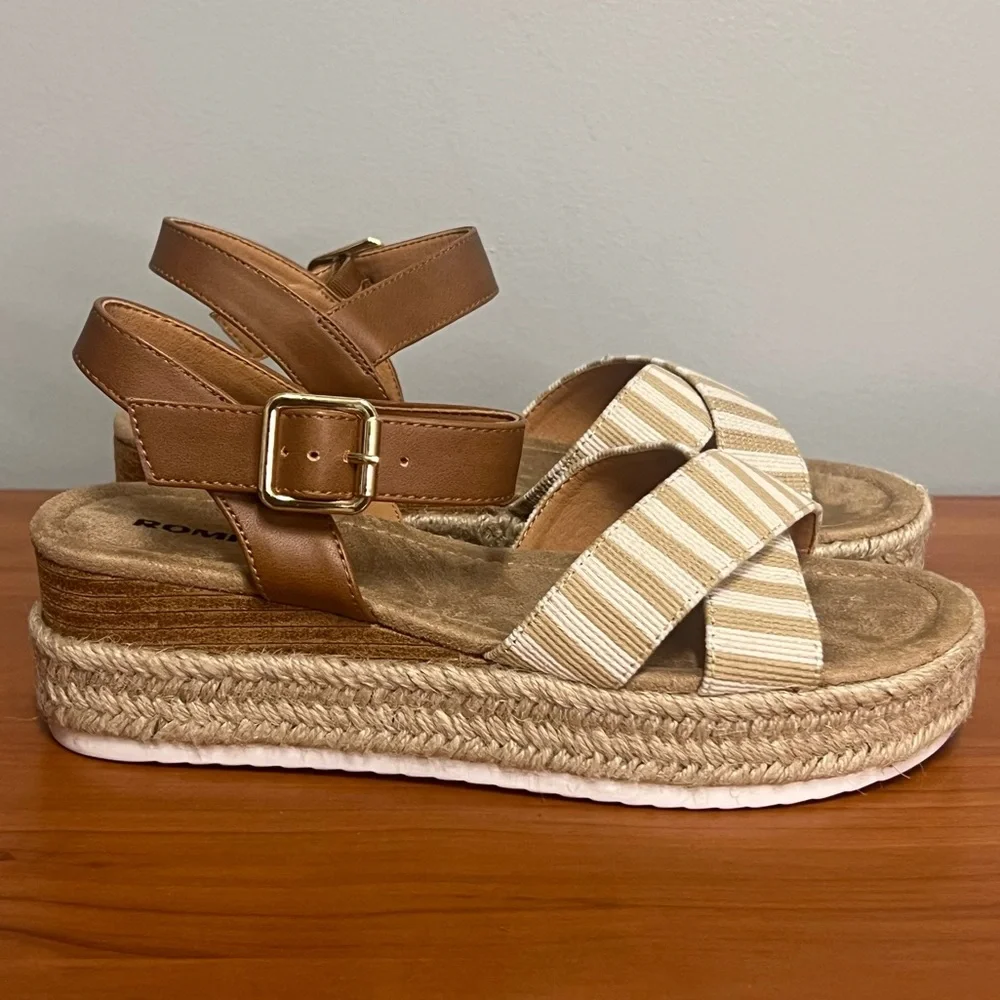 NWT Romika by Josef Seibel Madison Striped Espadrille Sandals Tan Straps